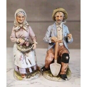 Vintage HOMCO HomeSteaders Farmer Porcelain Bisque #1433 Old Man Old Woman